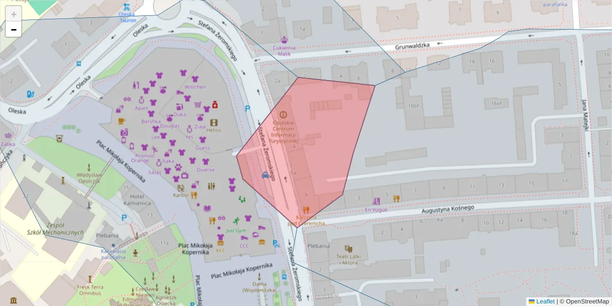 Szczegółowa mapa kodu pocztowego 45-053 z granicami, sąsiednimi kodami pocztowymi i urzędami pocztowymi