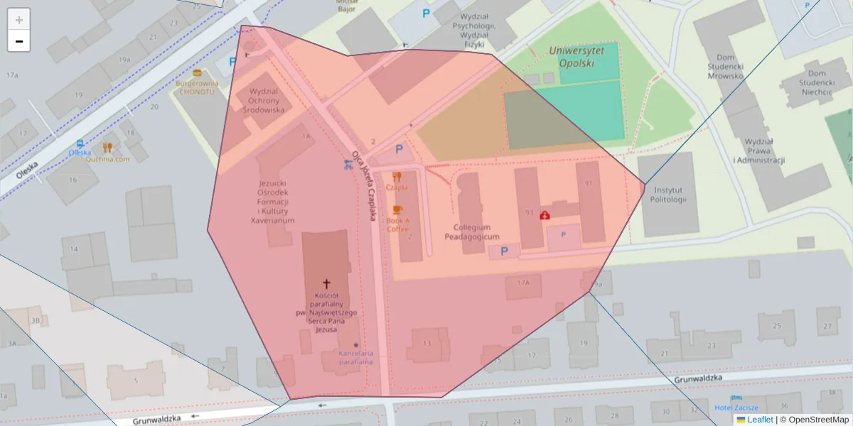 Szczegółowa mapa kodu pocztowego 45-055 z granicami, sąsiednimi kodami pocztowymi i urzędami pocztowymi