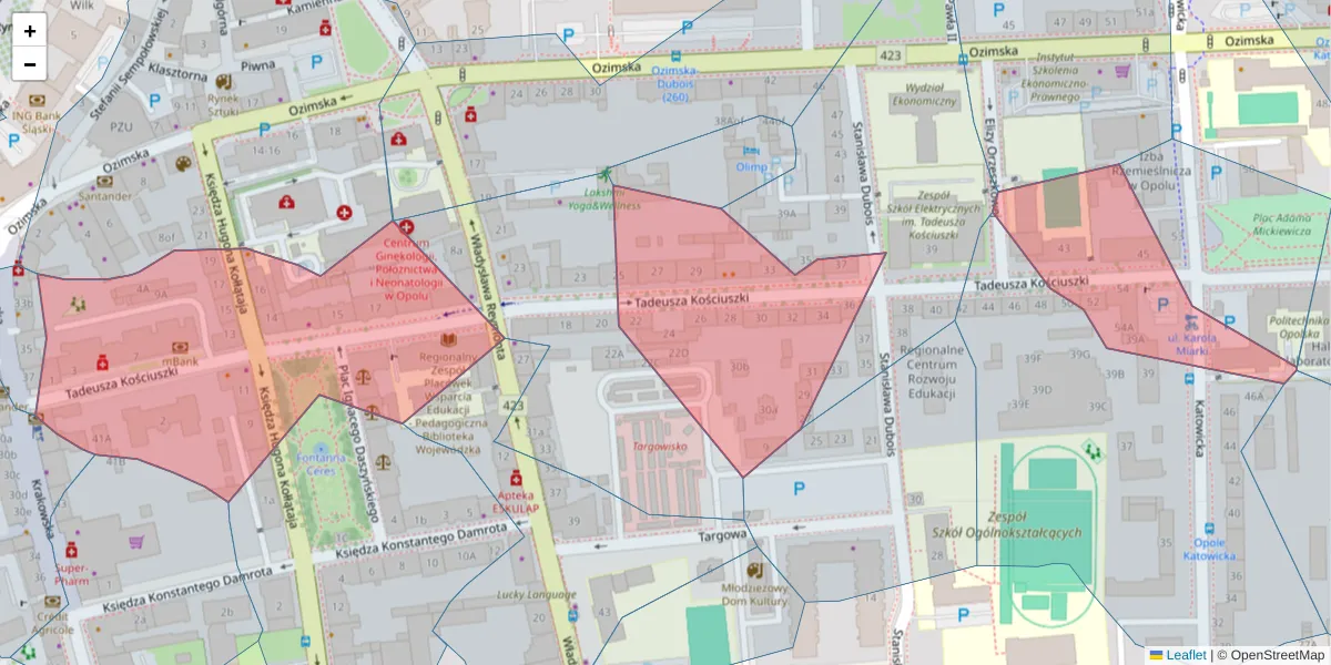 Szczegółowa mapa kodu pocztowego 45-062 z granicami, sąsiednimi kodami pocztowymi i urzędami pocztowymi