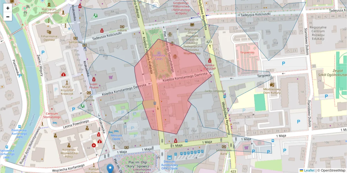 Szczegółowa mapa kodu pocztowego 45-064 z granicami, sąsiednimi kodami pocztowymi i urzędami pocztowymi