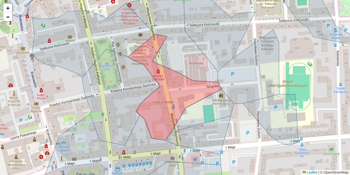 Szczegółowa mapa kodu pocztowego 45-066 z granicami, sąsiednimi kodami pocztowymi i urzędami pocztowymi