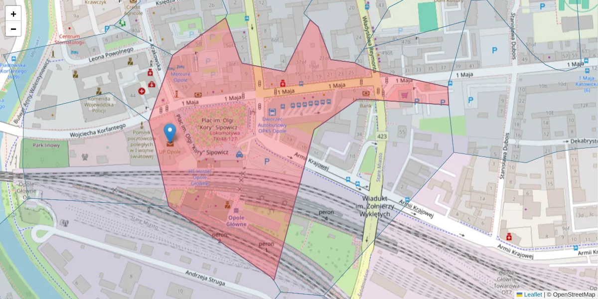 Szczegółowa mapa kodu pocztowego 45-068 z granicami, sąsiednimi kodami pocztowymi i urzędami pocztowymi