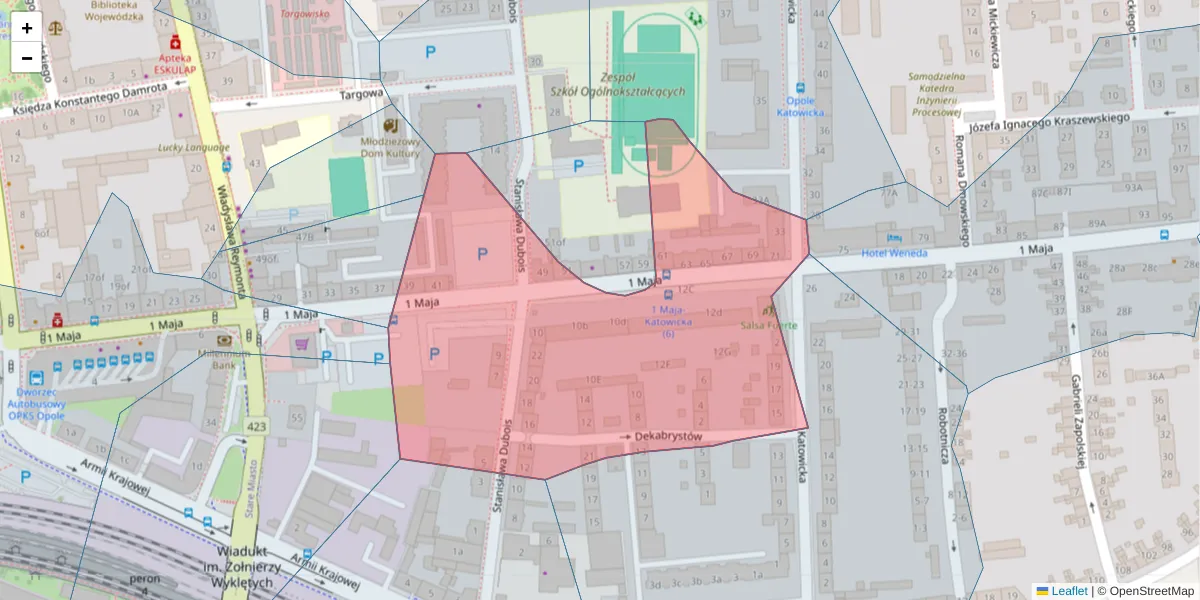Szczegółowa mapa kodu pocztowego 45-069 z granicami, sąsiednimi kodami pocztowymi i urzędami pocztowymi