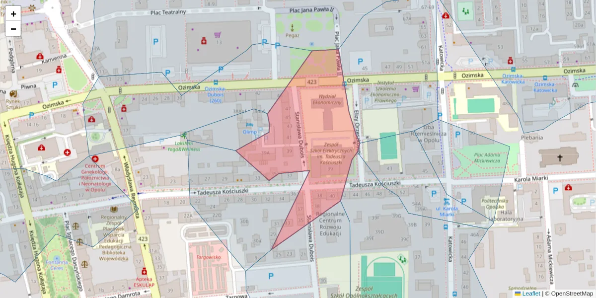Szczegółowa mapa kodu pocztowego 45-070 z granicami, sąsiednimi kodami pocztowymi i urzędami pocztowymi