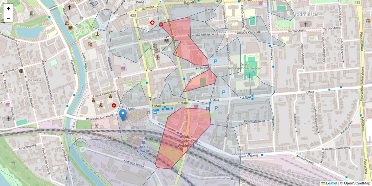 Szczegółowa mapa kodu pocztowego 45-072 z granicami, sąsiednimi kodami pocztowymi i urzędami pocztowymi