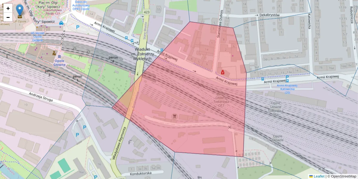 Szczegółowa mapa kodu pocztowego 45-076 z granicami, sąsiednimi kodami pocztowymi i urzędami pocztowymi