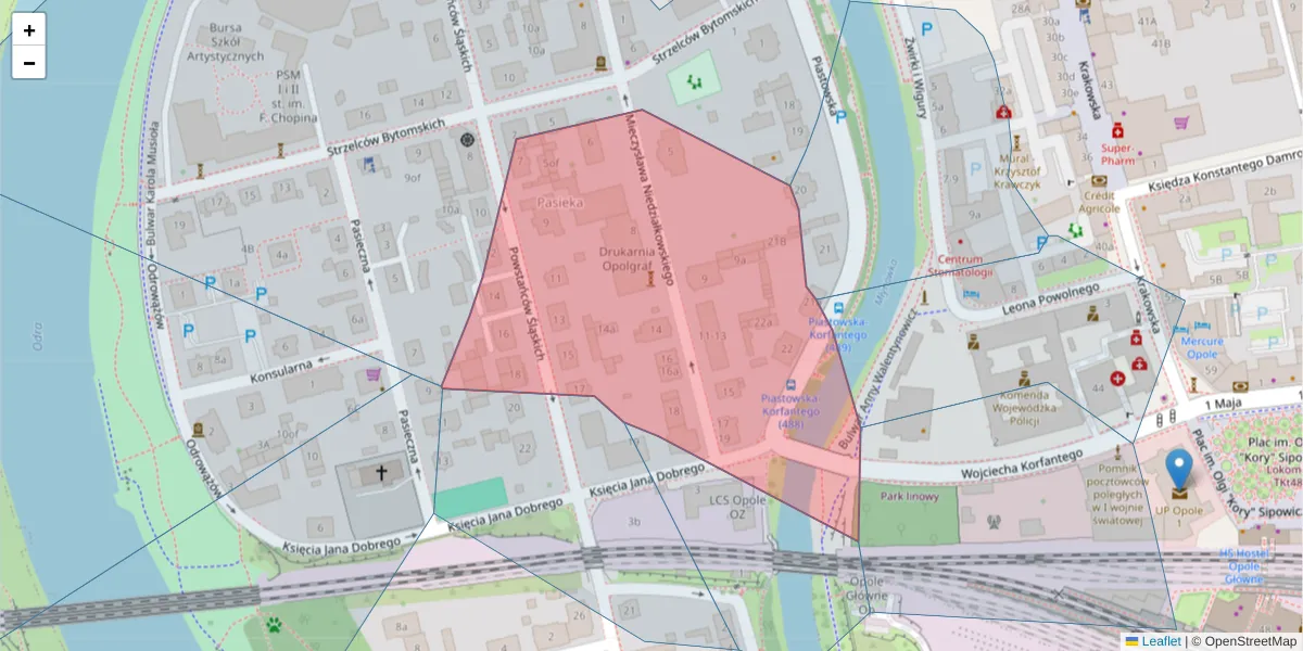 Szczegółowa mapa kodu pocztowego 45-085 z granicami, sąsiednimi kodami pocztowymi i urzędami pocztowymi