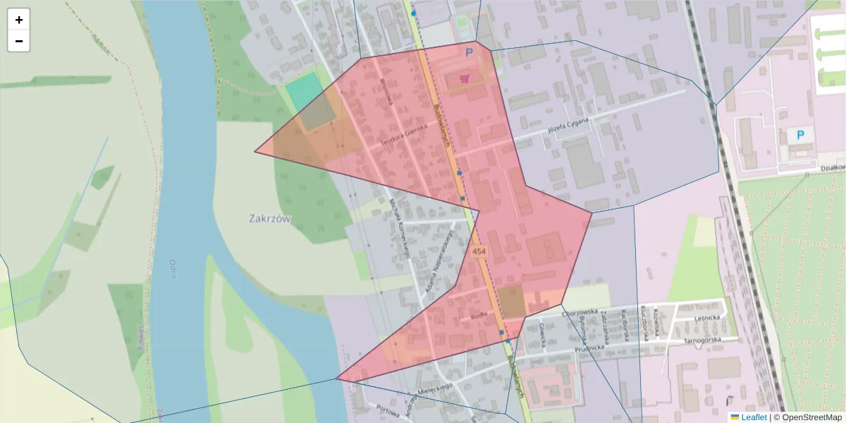 Szczegółowa mapa kodu pocztowego 45-123 z granicami, sąsiednimi kodami pocztowymi i urzędami pocztowymi