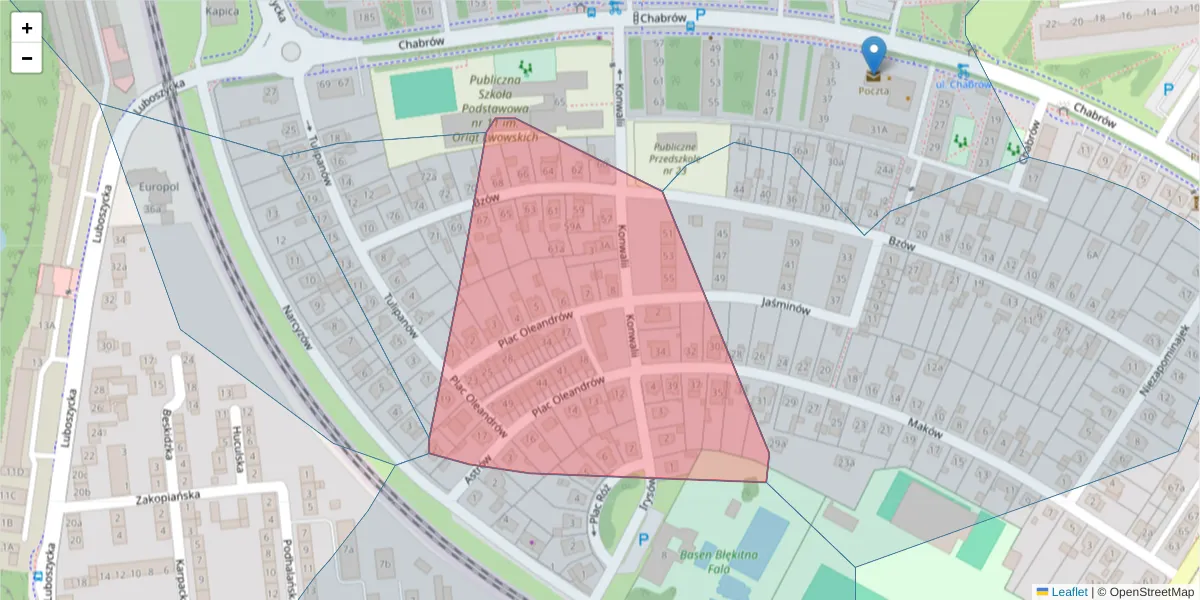 Szczegółowa mapa kodu pocztowego 45-220 z granicami, sąsiednimi kodami pocztowymi i urzędami pocztowymi