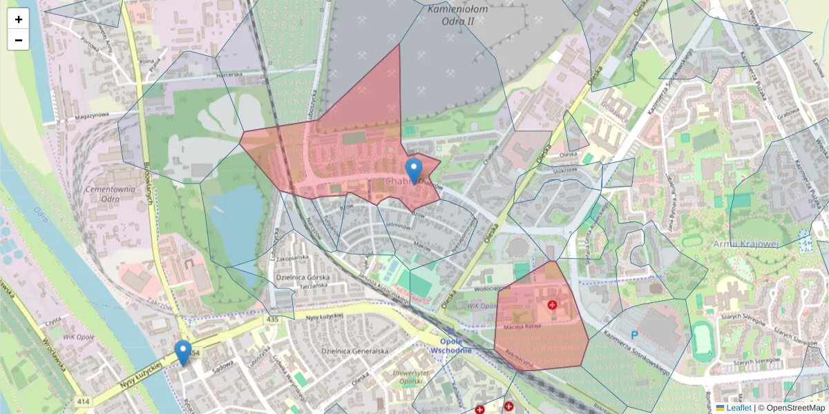 Szczegółowa mapa kodu pocztowego 45-221 z granicami, sąsiednimi kodami pocztowymi i urzędami pocztowymi