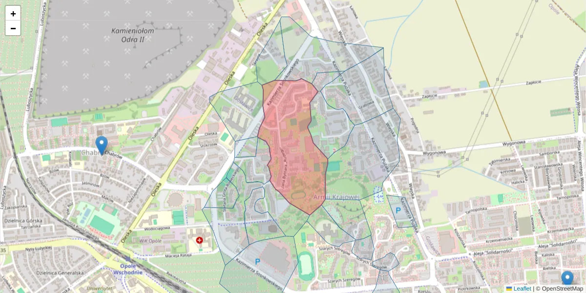 Szczegółowa mapa kodu pocztowego 45-265 z granicami, sąsiednimi kodami pocztowymi i urzędami pocztowymi
