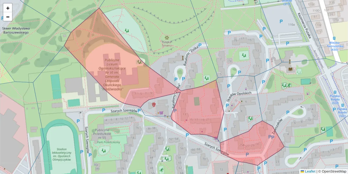 Szczegółowa mapa kodu pocztowego 45-284 z granicami, sąsiednimi kodami pocztowymi i urzędami pocztowymi