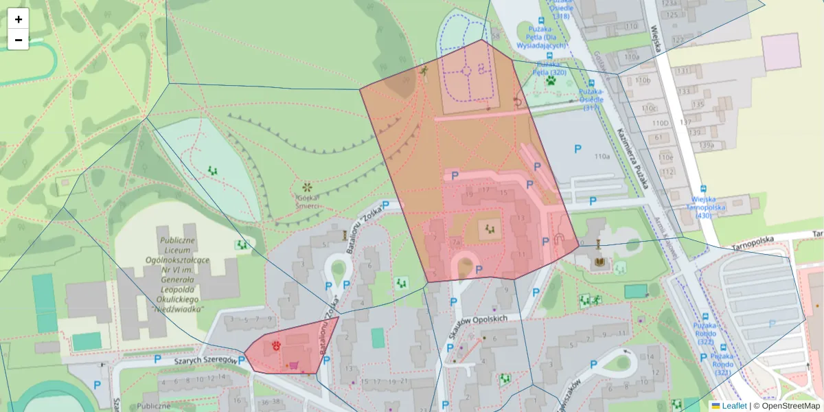 Szczegółowa mapa kodu pocztowego 45-286 z granicami, sąsiednimi kodami pocztowymi i urzędami pocztowymi