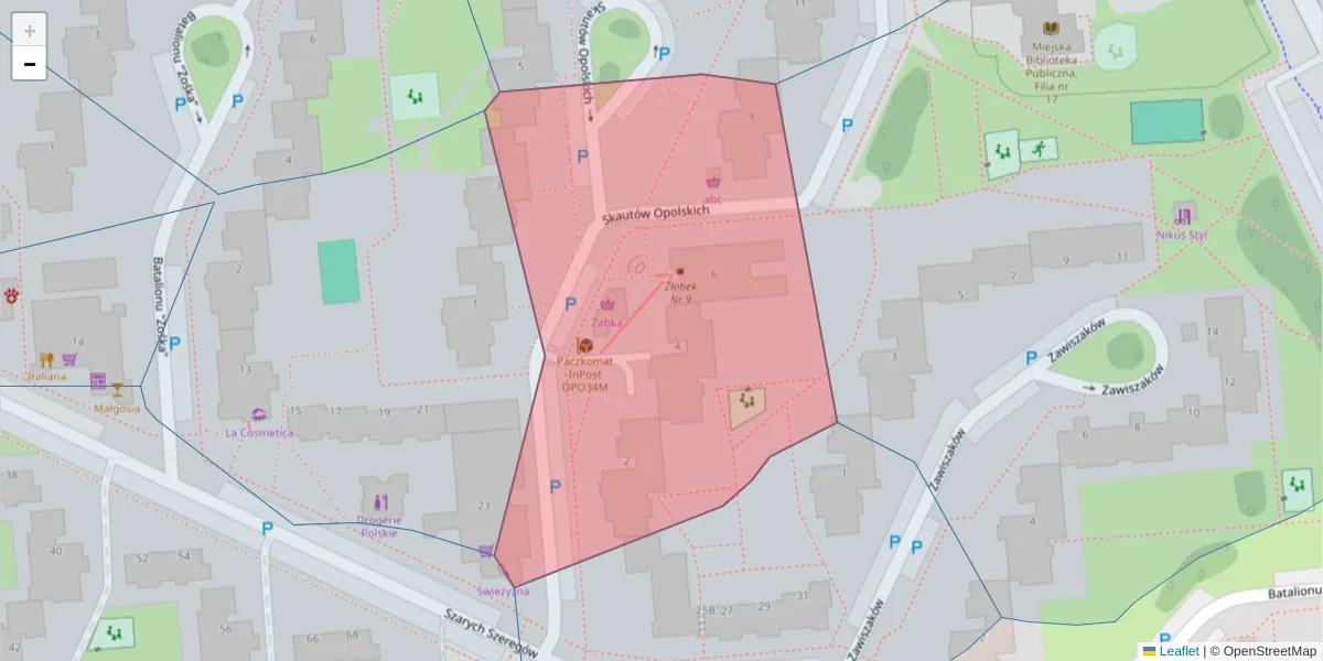 Szczegółowa mapa kodu pocztowego 45-287 z granicami, sąsiednimi kodami pocztowymi i urzędami pocztowymi