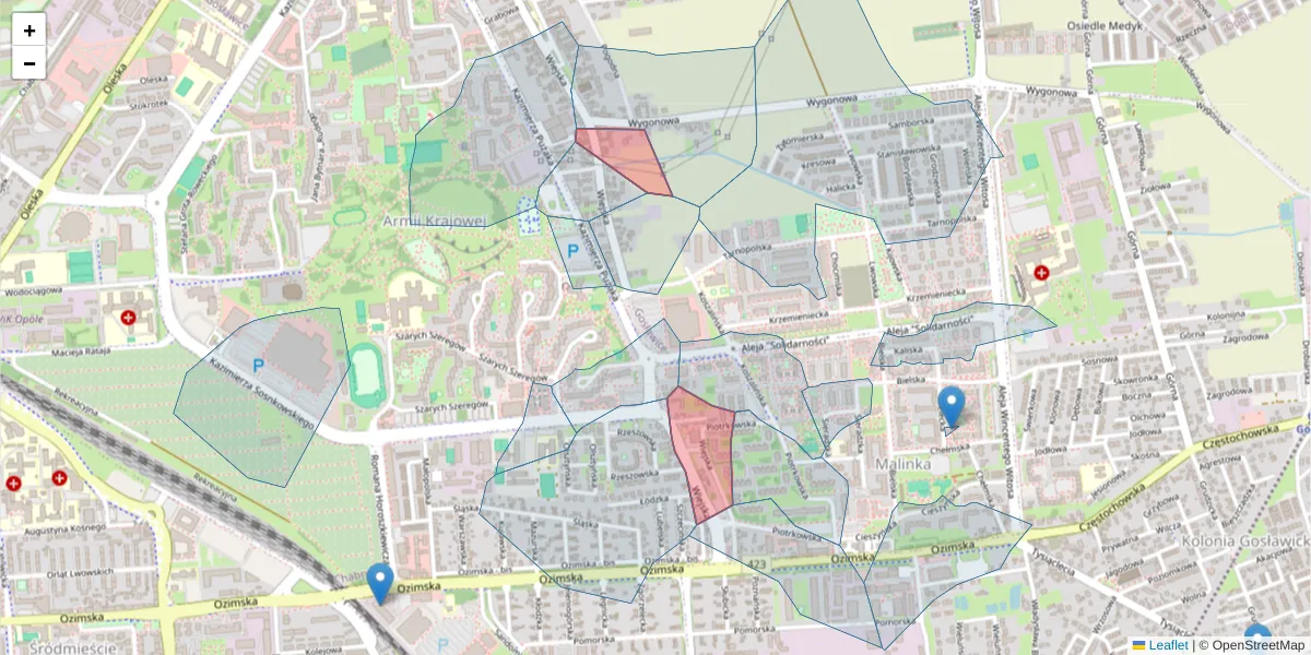 Szczegółowa mapa kodu pocztowego 45-302 z granicami, sąsiednimi kodami pocztowymi i urzędami pocztowymi