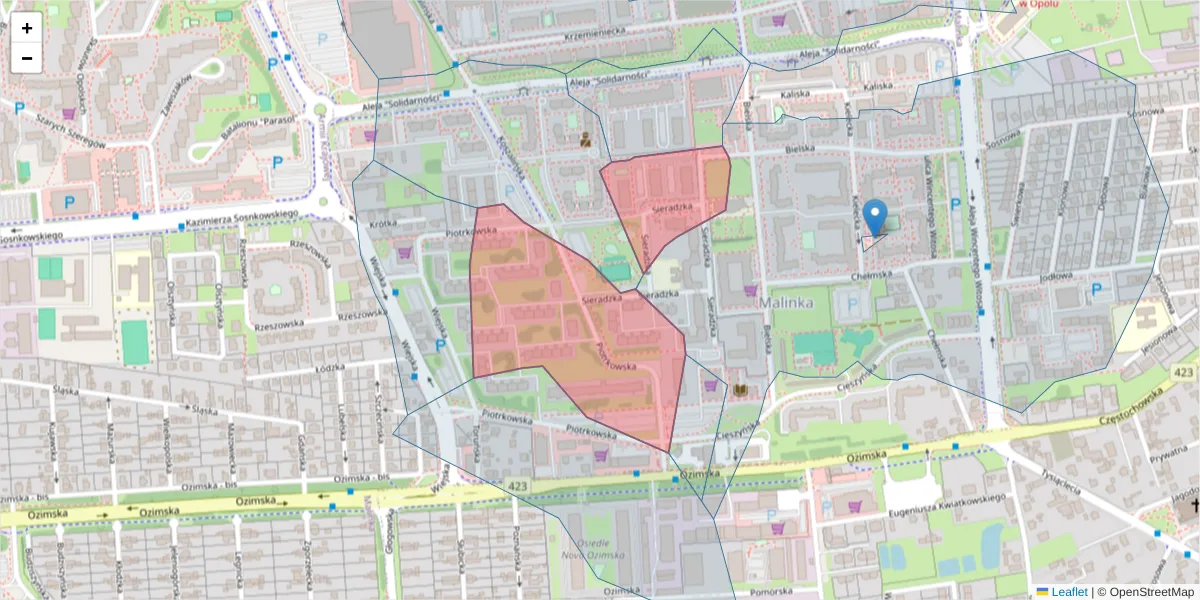 Szczegółowa mapa kodu pocztowego 45-304 z granicami, sąsiednimi kodami pocztowymi i urzędami pocztowymi