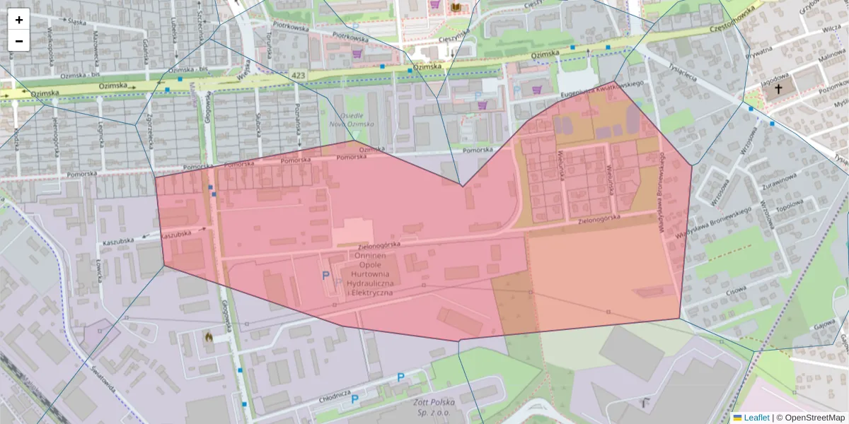 Szczegółowa mapa kodu pocztowego 45-323 z granicami, sąsiednimi kodami pocztowymi i urzędami pocztowymi