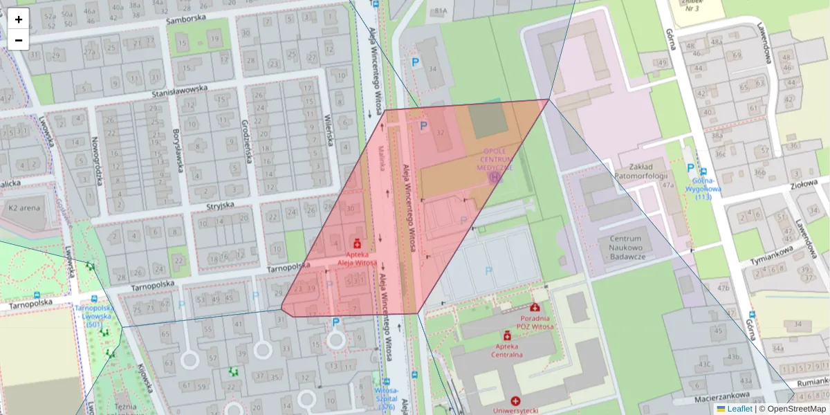 Szczegółowa mapa kodu pocztowego 45-334 z granicami, sąsiednimi kodami pocztowymi i urzędami pocztowymi