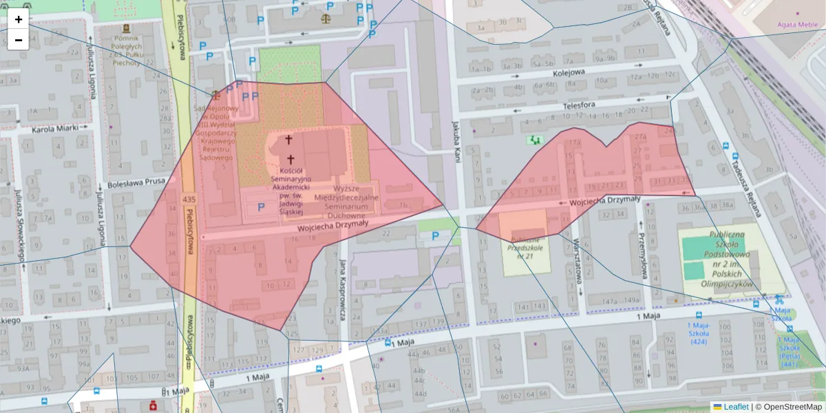 Szczegółowa mapa kodu pocztowego 45-342 z granicami, sąsiednimi kodami pocztowymi i urzędami pocztowymi