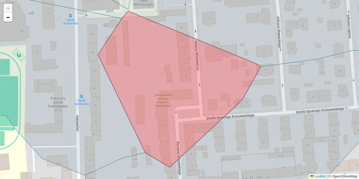 Szczegółowa mapa kodu pocztowego 45-365 z granicami, sąsiednimi kodami pocztowymi i urzędami pocztowymi