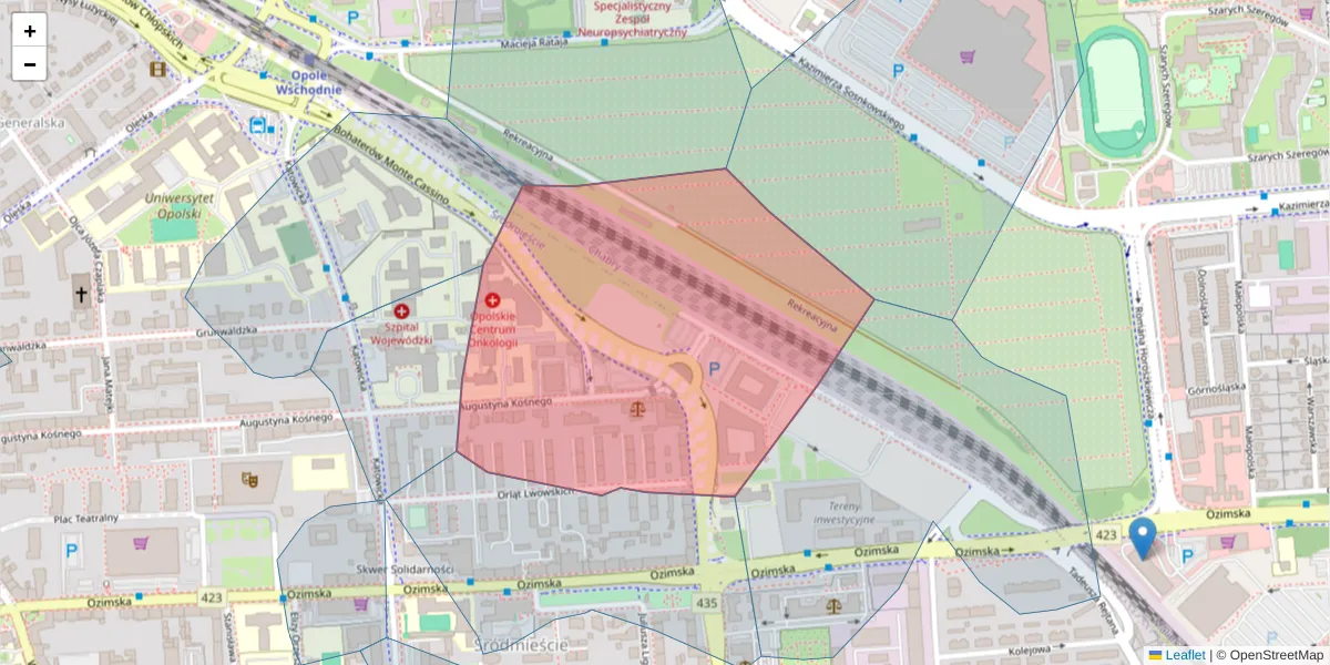 Szczegółowa mapa kodu pocztowego 45-372 z granicami, sąsiednimi kodami pocztowymi i urzędami pocztowymi
