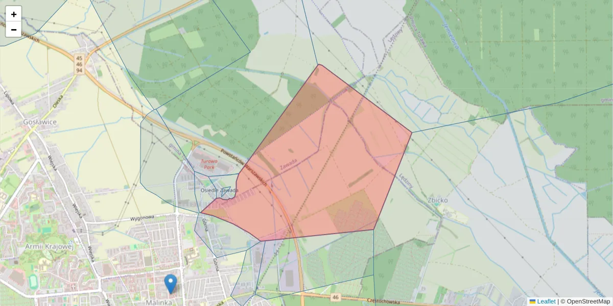 Szczegółowa mapa kodu pocztowego 45-403 z granicami, sąsiednimi kodami pocztowymi i urzędami pocztowymi