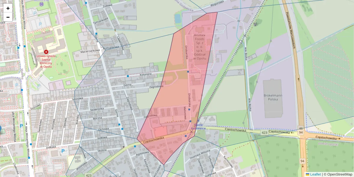 Szczegółowa mapa kodu pocztowego 45-410 z granicami, sąsiednimi kodami pocztowymi i urzędami pocztowymi