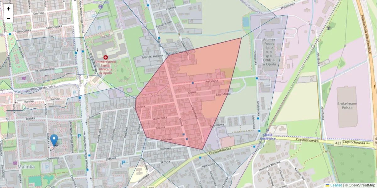 Szczegółowa mapa kodu pocztowego 45-416 z granicami, sąsiednimi kodami pocztowymi i urzędami pocztowymi