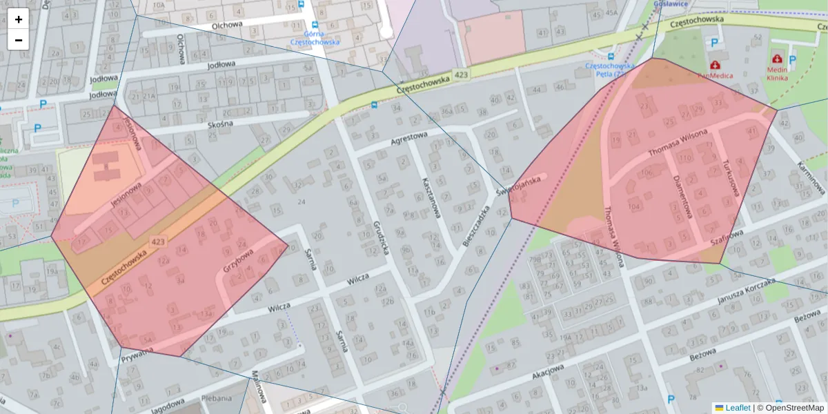 Szczegółowa mapa kodu pocztowego 45-417 z granicami, sąsiednimi kodami pocztowymi i urzędami pocztowymi