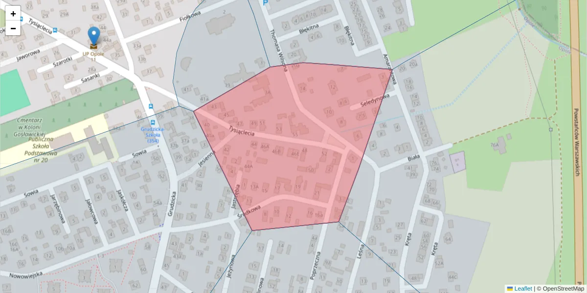 Szczegółowa mapa kodu pocztowego 45-430 z granicami, sąsiednimi kodami pocztowymi i urzędami pocztowymi