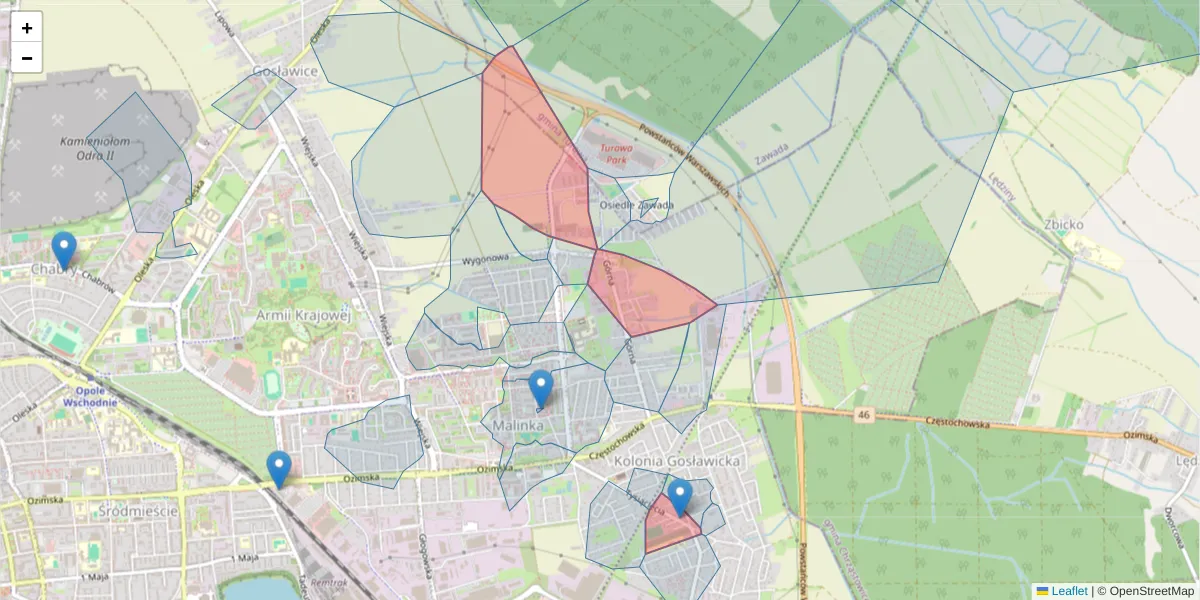 Szczegółowa mapa kodu pocztowego 45-470 z granicami, sąsiednimi kodami pocztowymi i urzędami pocztowymi