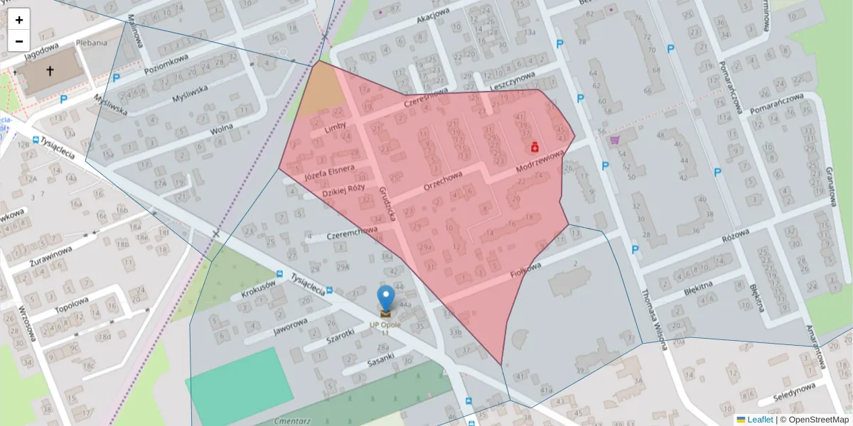 Szczegółowa mapa kodu pocztowego 45-475 z granicami, sąsiednimi kodami pocztowymi i urzędami pocztowymi