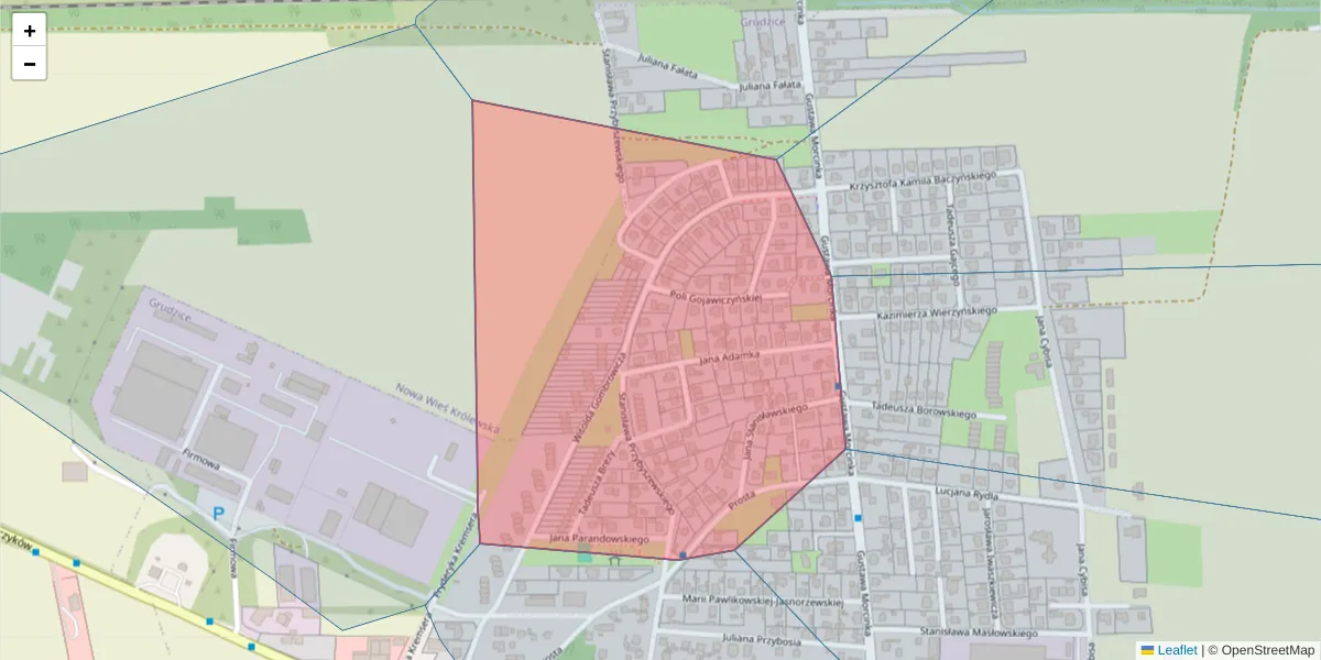 Szczegółowa mapa kodu pocztowego 45-530 z granicami, sąsiednimi kodami pocztowymi i urzędami pocztowymi