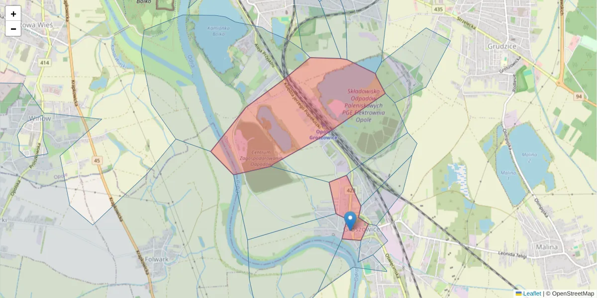 Szczegółowa mapa kodu pocztowego 45-601 z granicami, sąsiednimi kodami pocztowymi i urzędami pocztowymi