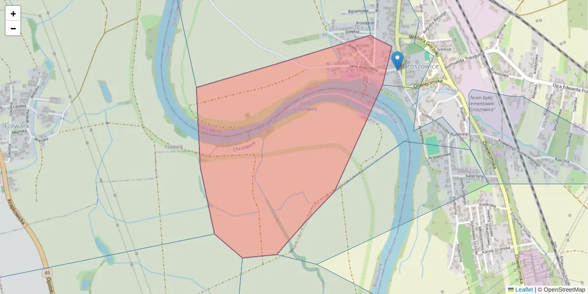 Szczegółowa mapa kodu pocztowego 45-625 z granicami, sąsiednimi kodami pocztowymi i urzędami pocztowymi
