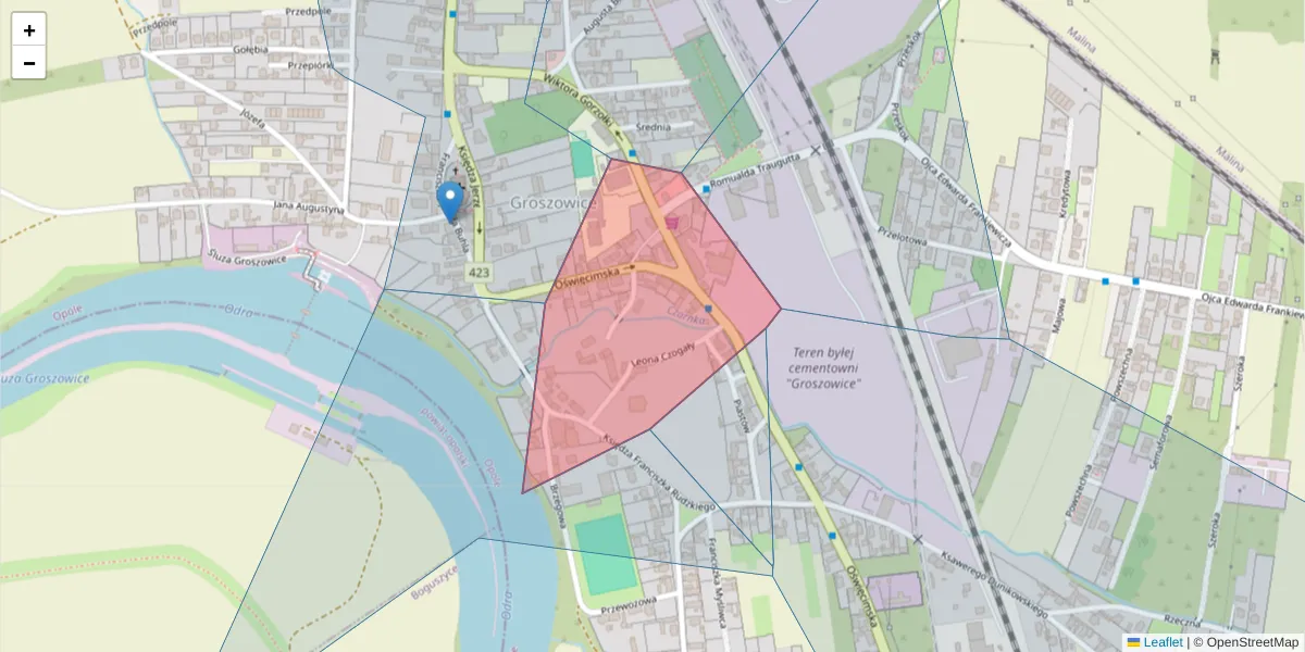 Szczegółowa mapa kodu pocztowego 45-628 z granicami, sąsiednimi kodami pocztowymi i urzędami pocztowymi