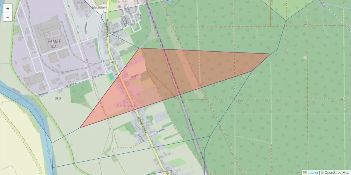 Szczegółowa mapa kodu pocztowego 45-647 z granicami, sąsiednimi kodami pocztowymi i urzędami pocztowymi