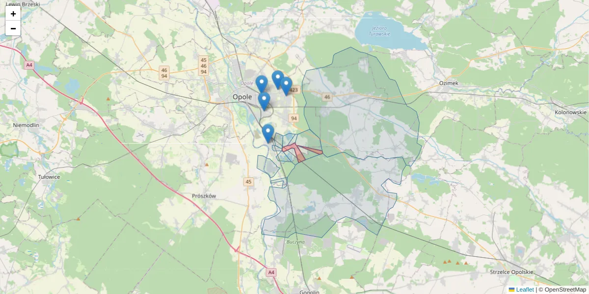 Szczegółowa mapa kodu pocztowego 45-675 z granicami, sąsiednimi kodami pocztowymi i urzędami pocztowymi
