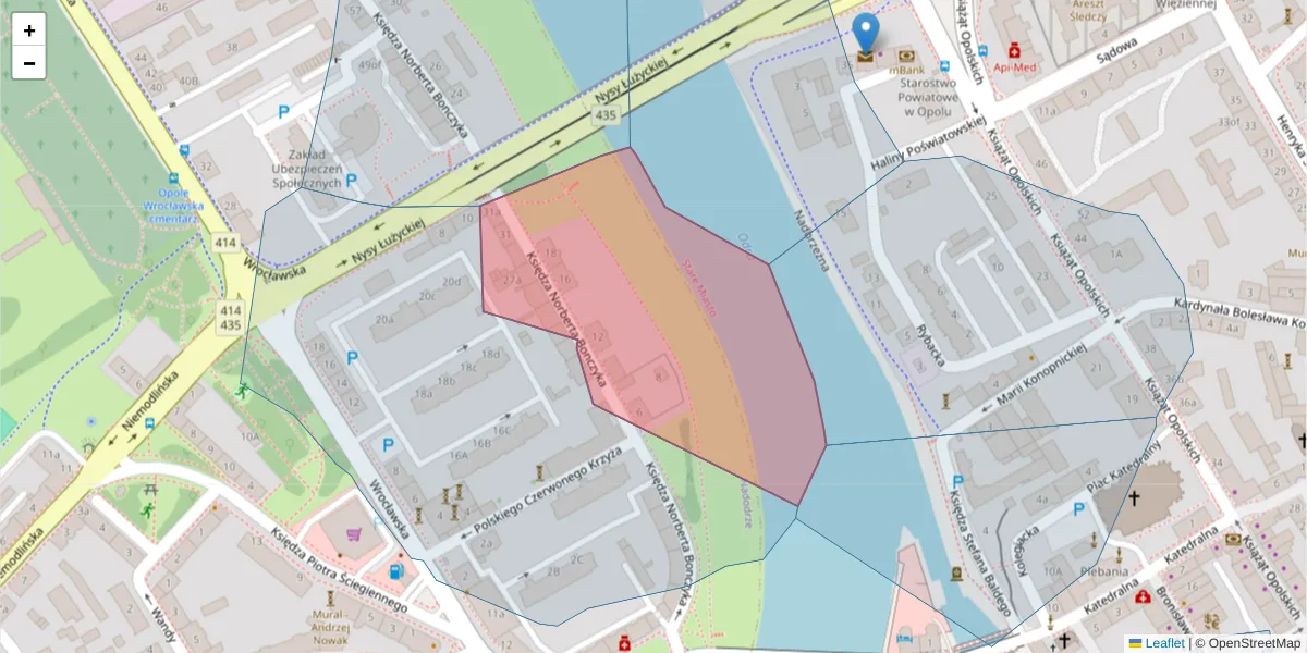 Szczegółowa mapa kodu pocztowego 45-705 z granicami, sąsiednimi kodami pocztowymi i urzędami pocztowymi