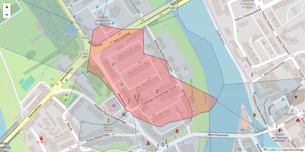 Szczegółowa mapa kodu pocztowego 45-707 z granicami, sąsiednimi kodami pocztowymi i urzędami pocztowymi
