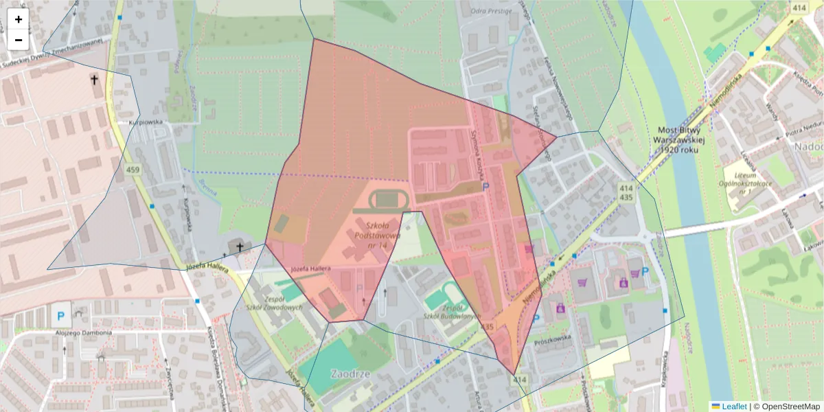 Szczegółowa mapa kodu pocztowego 45-720 z granicami, sąsiednimi kodami pocztowymi i urzędami pocztowymi