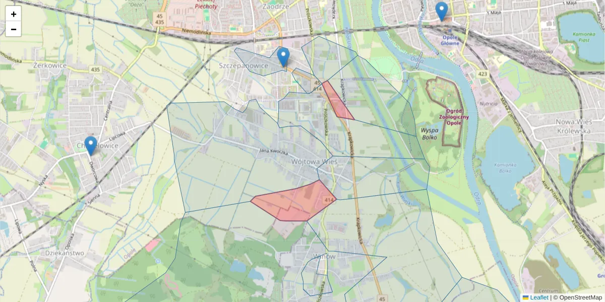 Szczegółowa mapa kodu pocztowego 45-772 z granicami, sąsiednimi kodami pocztowymi i urzędami pocztowymi