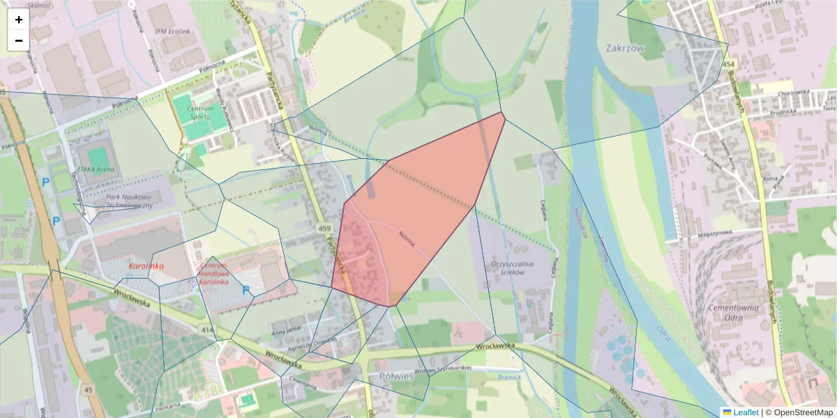 Szczegółowa mapa kodu pocztowego 45-803 z granicami, sąsiednimi kodami pocztowymi i urzędami pocztowymi