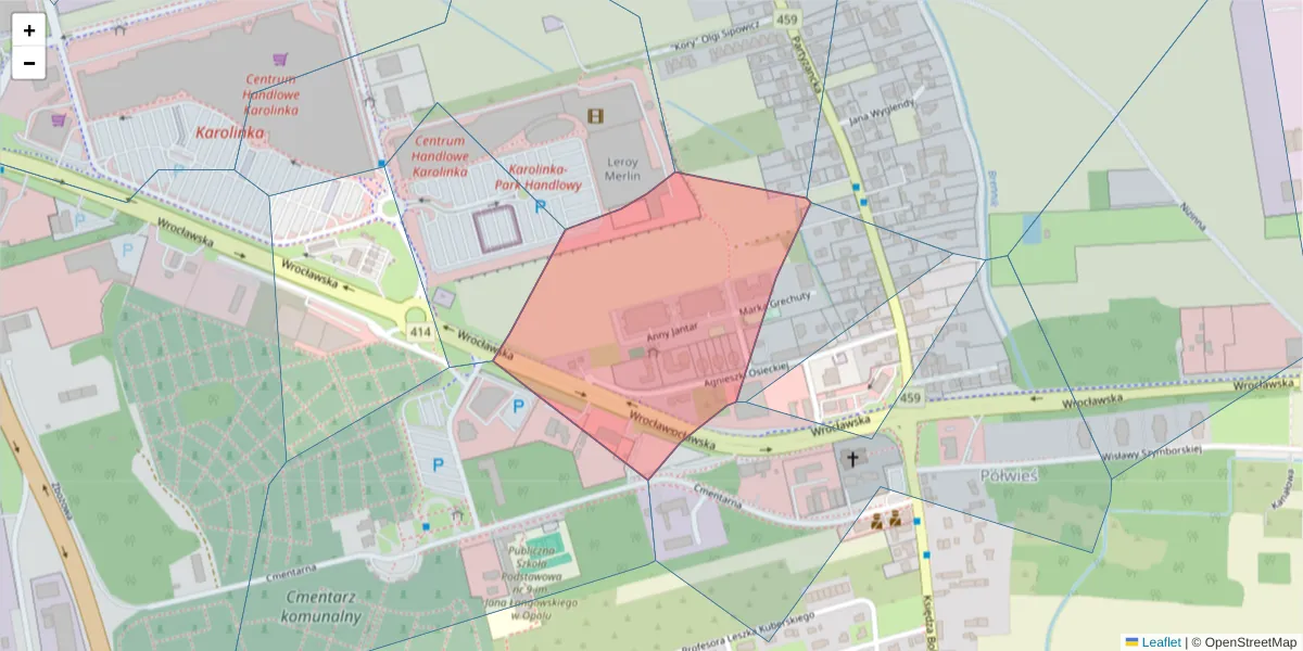Szczegółowa mapa kodu pocztowego 45-807 z granicami, sąsiednimi kodami pocztowymi i urzędami pocztowymi