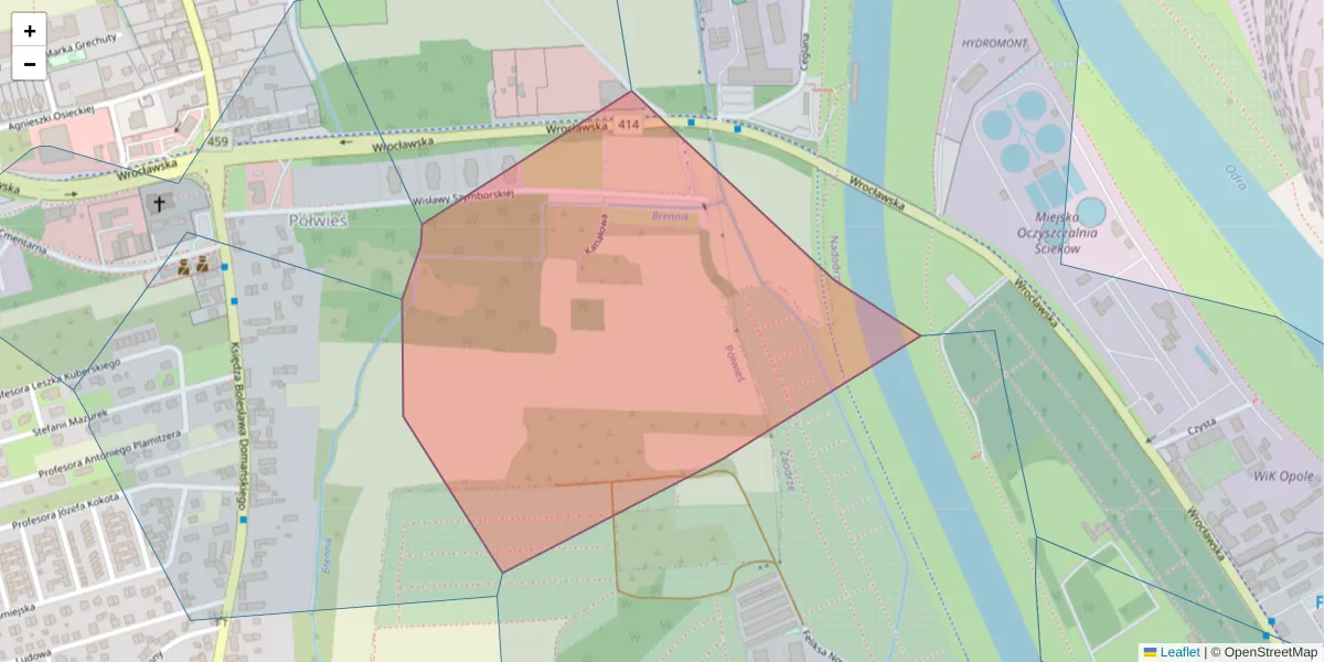 Szczegółowa mapa kodu pocztowego 45-815 z granicami, sąsiednimi kodami pocztowymi i urzędami pocztowymi