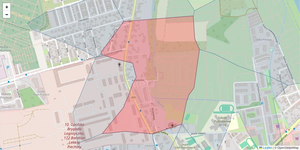 Szczegółowa mapa kodu pocztowego 45-819 z granicami, sąsiednimi kodami pocztowymi i urzędami pocztowymi