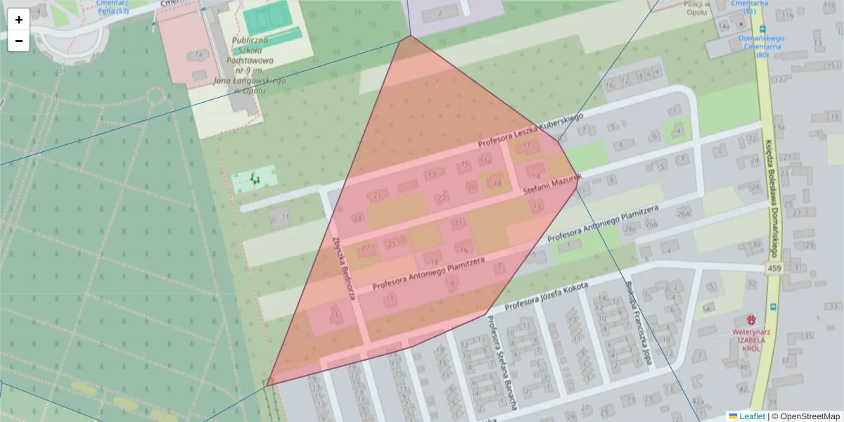 Szczegółowa mapa kodu pocztowego 45-821 z granicami, sąsiednimi kodami pocztowymi i urzędami pocztowymi