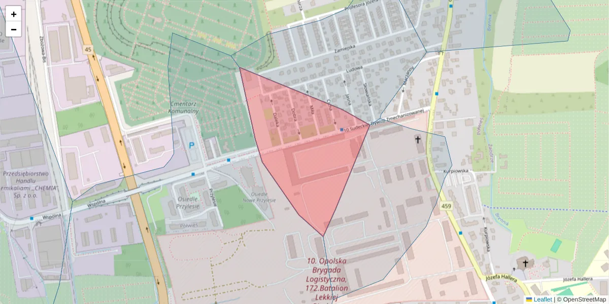 Szczegółowa mapa kodu pocztowego 45-826 z granicami, sąsiednimi kodami pocztowymi i urzędami pocztowymi
