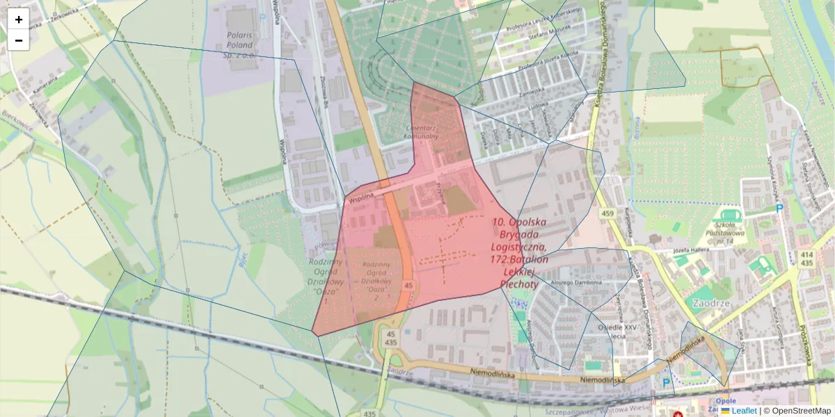 Szczegółowa mapa kodu pocztowego 45-828 z granicami, sąsiednimi kodami pocztowymi i urzędami pocztowymi