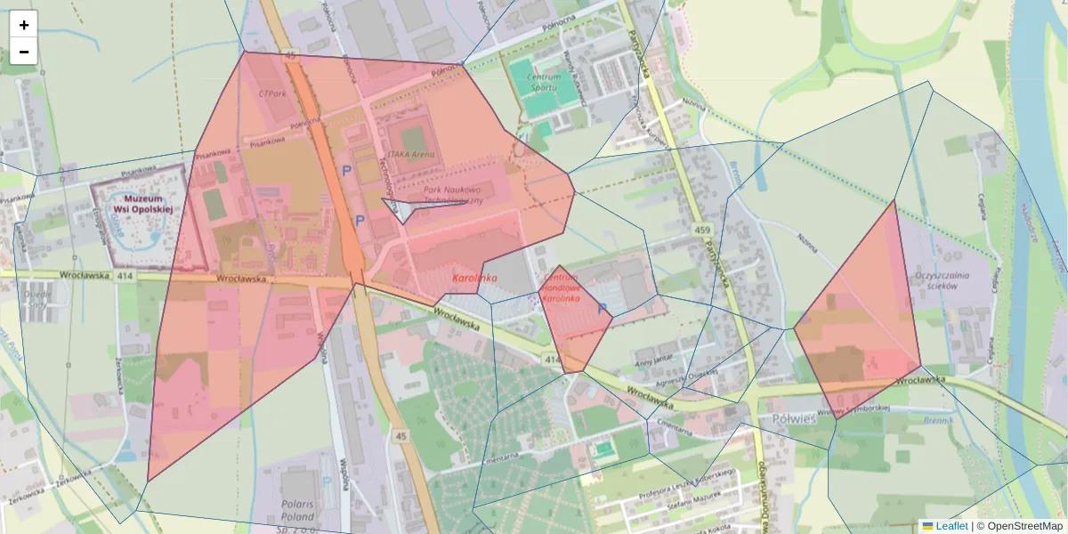 Szczegółowa mapa kodu pocztowego 45-835 z granicami, sąsiednimi kodami pocztowymi i urzędami pocztowymi